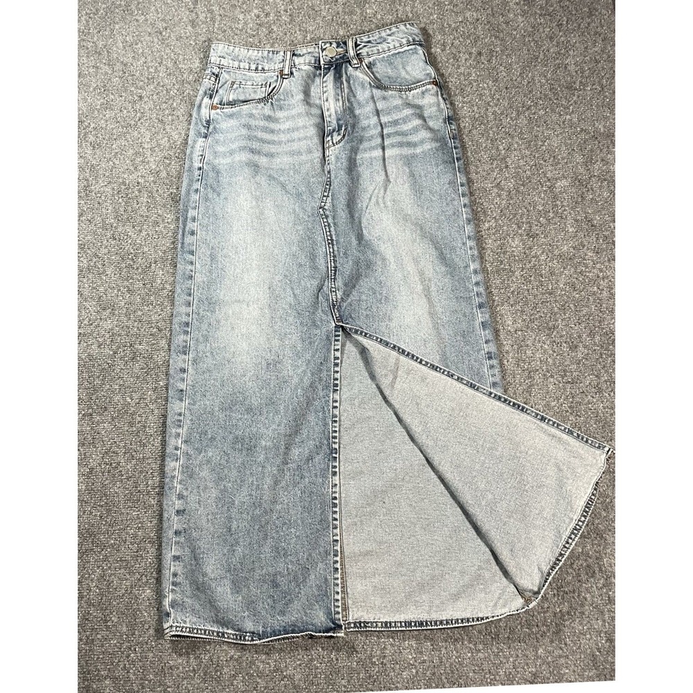BLANK NYC Denim Maxi Skirt Size 26 Med Wash Pockets Cotton Boho Festival Gypsy